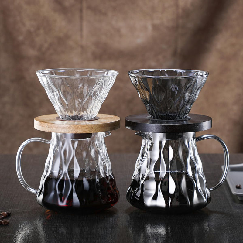 JIKANNOYA コーヒードリッパー ハンドドリップセット コーヒーサーバー 割れない 高ホウ素シリカガラス材料 耐熱ガラス 直火対応 耐寒性 クルミ材 ドリッパー 透明 電子レンジ·食洗機対応 コーヒー用品 使いやすい 洗いやすい 多用途 家用 喫茶店 1~4杯用 500ml グレー