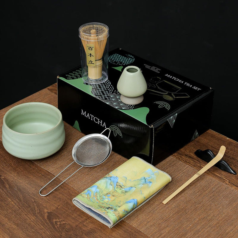 JIKANNOYA 抹茶セット お点前セット 7点セット 茶道具 セット 茶杓 茶筅 茶せん 百本立 茶筅立て くせ直し 抹茶篩 綿茶巾 陶器茶杓立て 初心者 お手入れも簡単 母の日 父の日 誕生日 贈り物 (ライトグリーン)