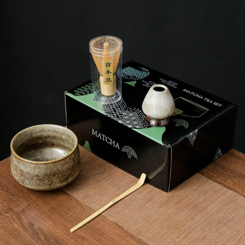 JIKANNOYA 抹茶セット お点前セット 4点セット 茶道具 セット 百本立 茶筅 茶せん 茶筅立て くせ直し 茶杓 お手入れも簡単 おうち時間 初心者さん向け 母の日 誕生日 父の日 贈り物 ホワイト グリーンボックス