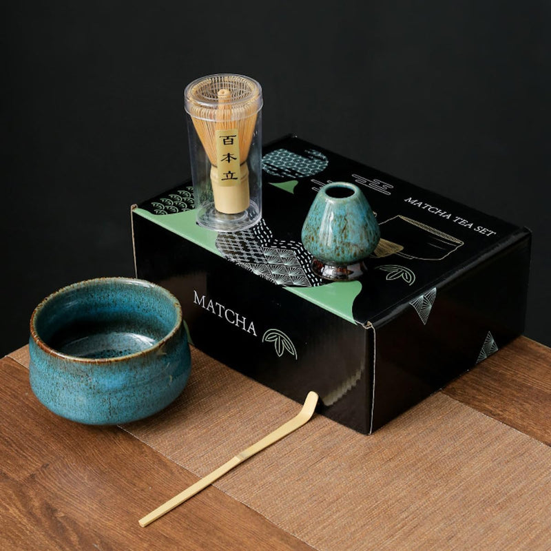 JIKANNOYA 抹茶セット お点前セット 4点セット 茶道具 セット 百本立 茶筅 茶せん 茶筅立て くせ直し 茶杓 お手入れも簡単 おうち時間 初心者さん向け 母の日 誕生日 父の日 贈り物 ホワイト グリーンボックス