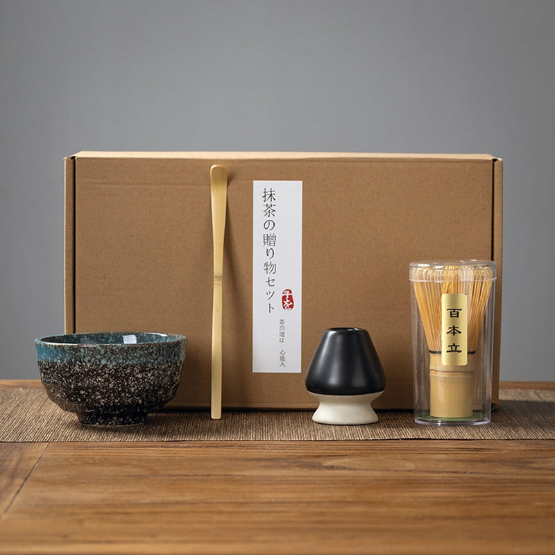 JIKANNOYA 抹茶セット 初心者 お点前セット 茶道具 セット 4点セット 陶器 抹茶碗 茶杓 茶筅 茶せん 百本立 茶筅立て くせ直し お手入れも簡単 母の日 父の日 誕生日 贈り物 220ml AQCJ27