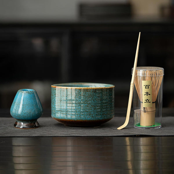 JIKANNOYA 茶道具 セット 抹茶セット お点前セット 4点セット 茶杓 茶筅 茶せん 百本立 茶筅立て くせ直し 初心者 抹茶スターター おうち時間グッズ お手入れも簡単 母の日 父の日 誕生日 贈り物 ブルー