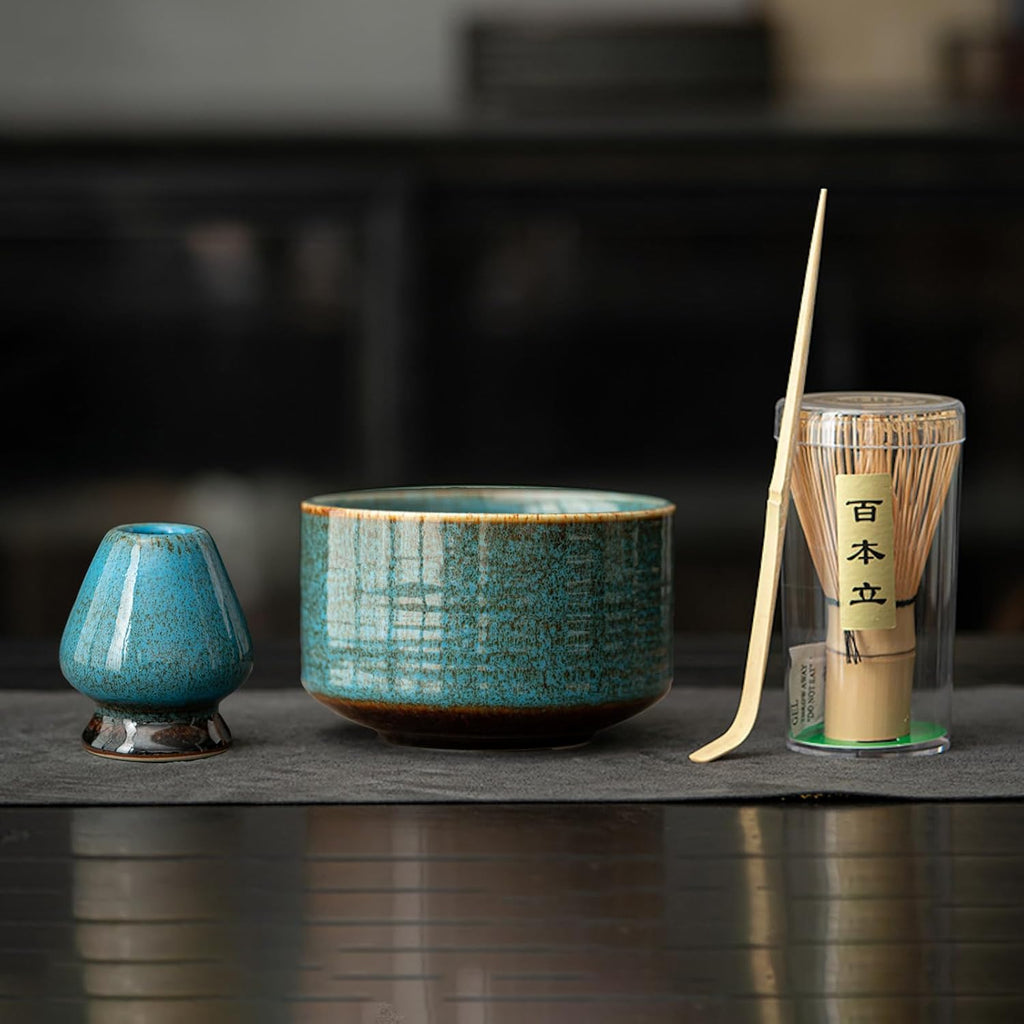 JIKANNOYA 茶道具 セット 抹茶セット お点前セット 4点セット 茶杓 茶筅 茶せん 百本立 茶筅立て くせ直し 初心者 抹茶スターター おうち時間グッズ お手入れも簡単 母の日 父の日 誕生日 贈り物 ブルー
