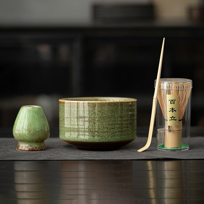 JIKANNOYA 茶道具 セット 抹茶セット お点前セット 4点セット 茶杓 茶筅 茶せん 百本立 茶筅立て くせ直し 初心者 抹茶スターター おうち時間グッズ お手入れも簡単 母の日 父の日 誕生日 贈り物 ブラウン