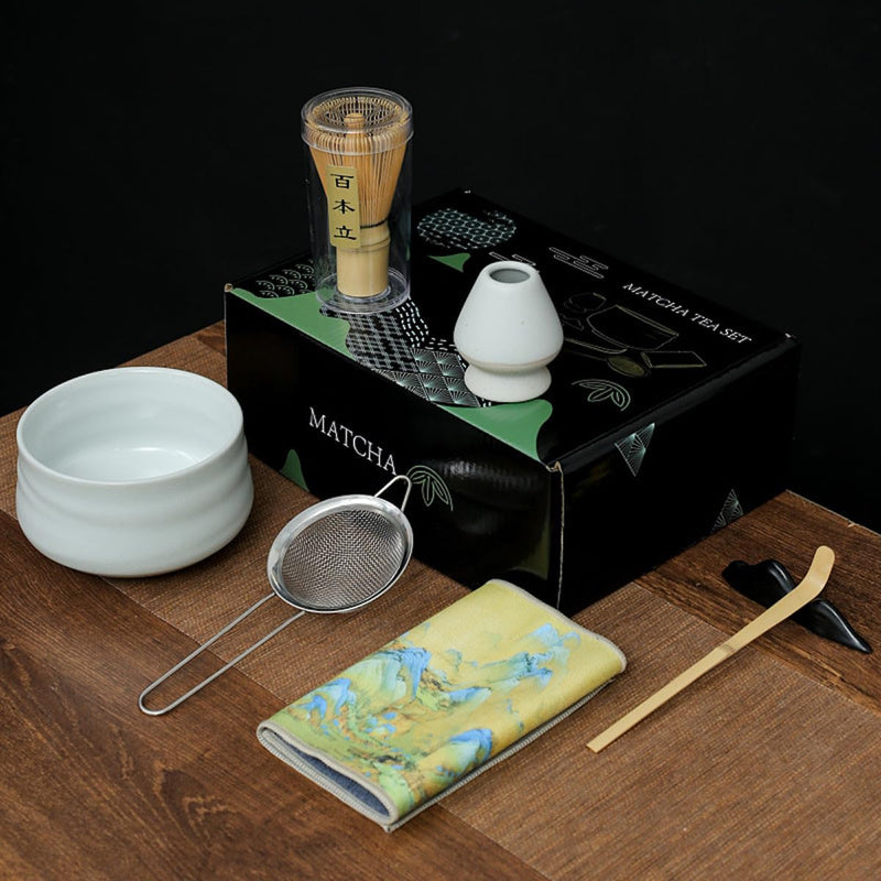 JIKANNOYA 抹茶セット お点前セット 7点セット 茶道具 セット 茶杓 茶筅 茶せん 百本立 茶筅立て くせ直し 抹茶篩 綿茶巾 陶器茶杓立て 初心者 お手入れも簡単 母の日 父の日 誕生日 贈り物 (ライトグリーン)