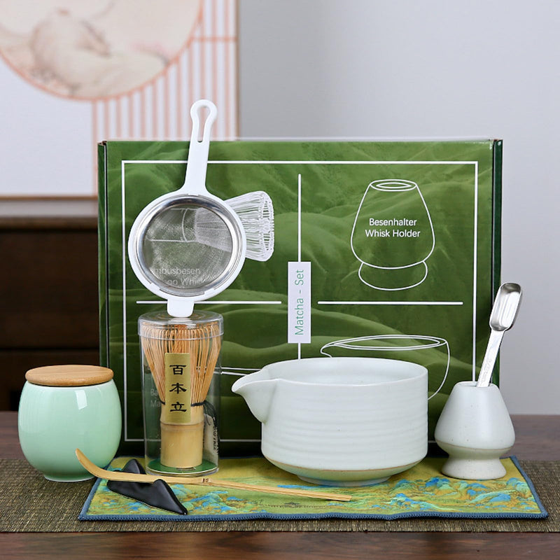 JIKANNOYA 抹茶セット お点前セット 9点セット 陶磁器茶碗 注ぎ口付き 茶杓 茶筅 茶せん 百本立 茶筅立て くせ直し 抹茶篩 綿茶巾 陶磁器茶杓立て 茶筒 初心者 抹茶スターター おうち時間グッズ お手入れも簡単 母の日 父の日 誕生日 贈り物