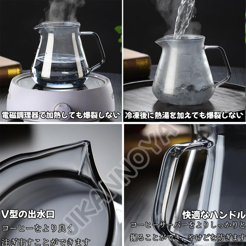 JIKANNOYA コーヒードリッパー ハンドドリップセット コーヒーサーバー 割れない コーヒー サーバー 高ホウ素シリカガラス材料 耐熱ガラス 直火対応 耐寒性 透明 蓋付き 電子レンジ·食洗機対応 目盛り付き コーヒー用品 使いやすい 洗いやすい 多用途 家用 喫茶店 AQKF31