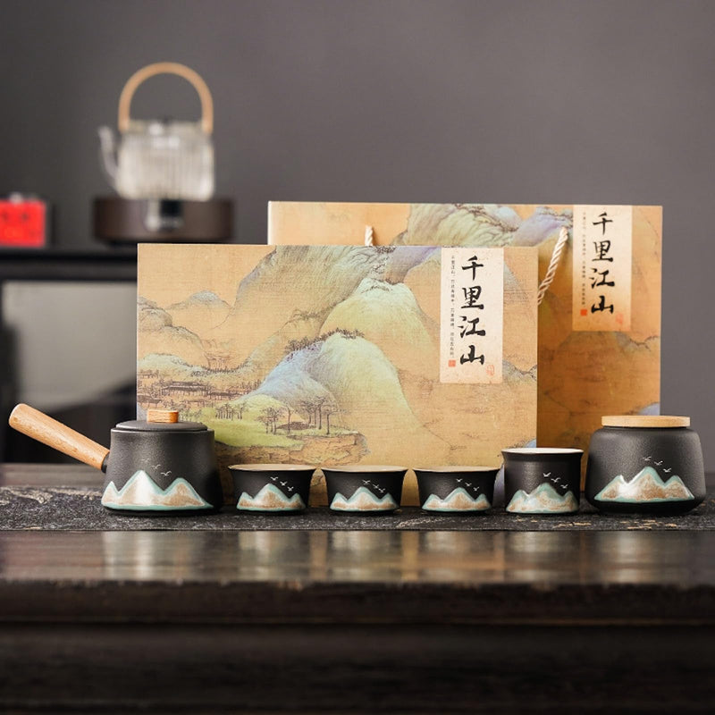 JIKANNOYA 中国茶器セット 茶器 茶具 陶器 急須 湯呑み お茶缶 セット 携帯 台湾茶器 旅行ティーセット 茶の入れ 携帯用茶具 車載旅行茶器セット 収納ボックス付き 初心者 芸術 高級 おしゃれ 軽量 お出かけ用 旅行 お手入れも簡単 母の日 父の日 誕生日 贈り物 AQZGCJ08