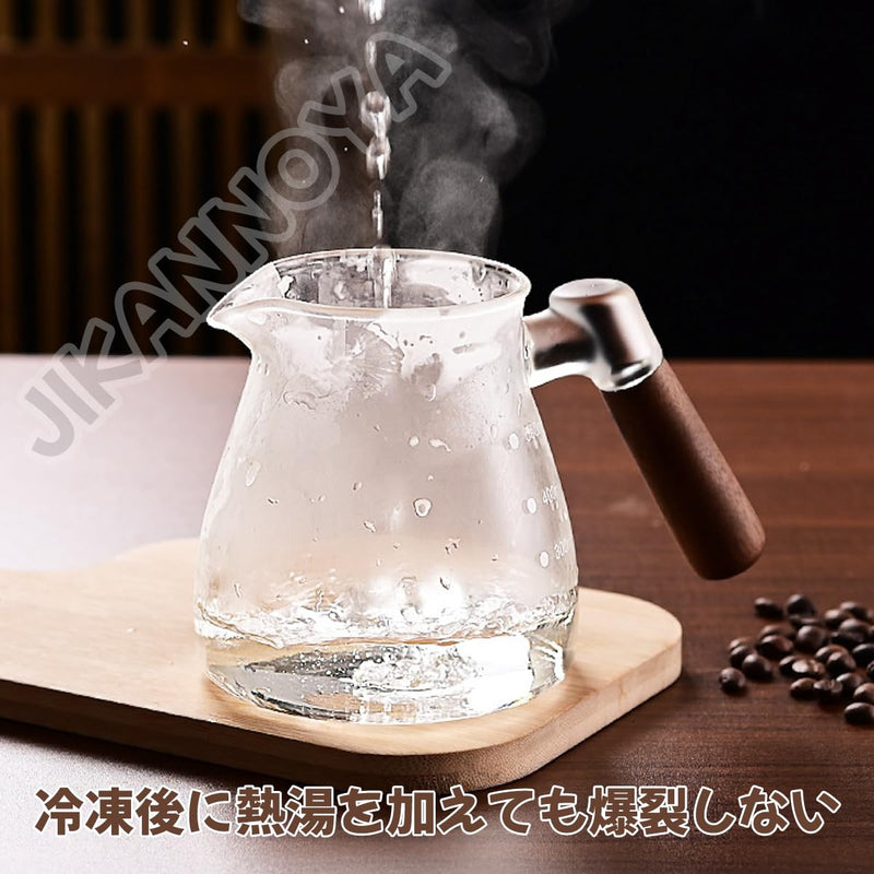 JIKANNOYA コーヒードリッパー ハンドドリップセット コーヒーサーバー 割れない 高ホウ素シリカガラス材料 耐熱ガラス 直火対応 耐寒性 蓋付き 木製ハンドル ドリッパー 電子レンジ·食洗機対応 コーヒー用品 目盛り付き 洗いやすい 多用途 家用 喫茶店 1~4杯用 AQKF28N