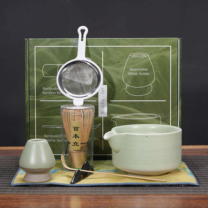JIKANNOYA 抹茶セット お点前セット 9点セット 陶磁器茶碗 注ぎ口付き 茶杓 茶筅 茶せん 百本立 茶筅立て くせ直し 抹茶篩 綿茶巾 陶磁器茶杓立て 茶筒 初心者 抹茶スターター おうち時間グッズ お手入れも簡単 母の日 父の日 誕生日 贈り物