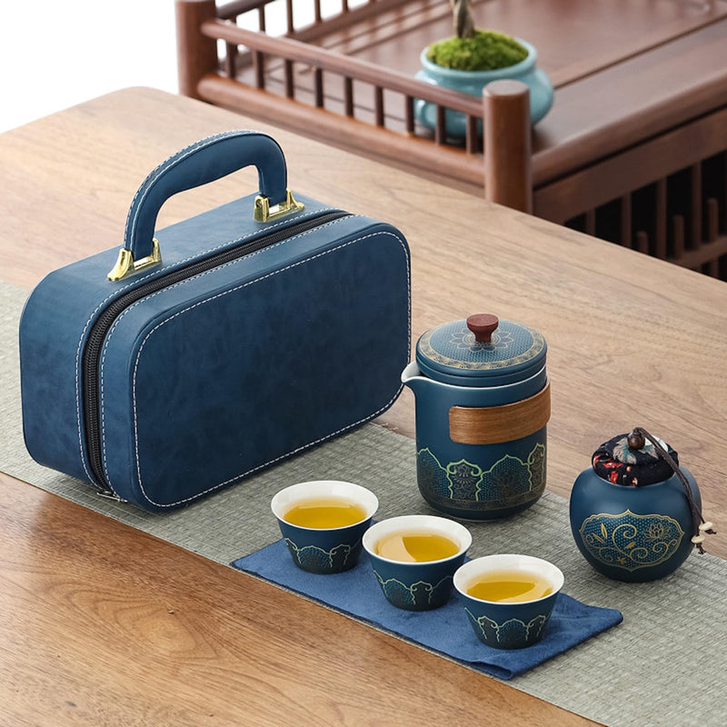 JIKANNOYA 中国茶器セット 茶器 茶具 磁器 急須 湯呑み お茶缶 セット 携帯 台湾茶器 旅行ティーセット 茶の入れ 携帯用茶具 車載旅行茶器セット 収納バッグ付き 初心者 高級 おしゃれ 軽量 お出かけ用 旅行 お手入れも簡単 母の日 父の日 誕生日 贈り物 AQZGCJ01