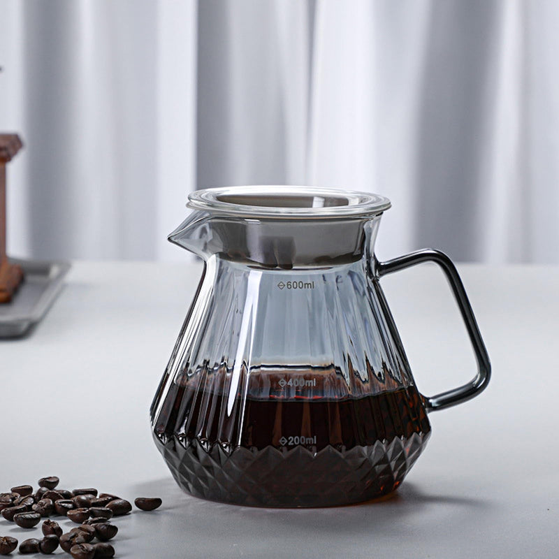 JIKANNOYA コーヒードリッパー ハンドドリップセット コーヒーサーバー 割れにくい 高ホウ素シリカガラス材料 耐熱ガラス 直火対応 耐寒性 クルミ材 ドリッパー ダイヤモンド 電子レンジ·食洗機対応 コーヒー用品 目盛り付き 洗いやすい 多用途 家用 喫茶店 1~4杯用 600ml