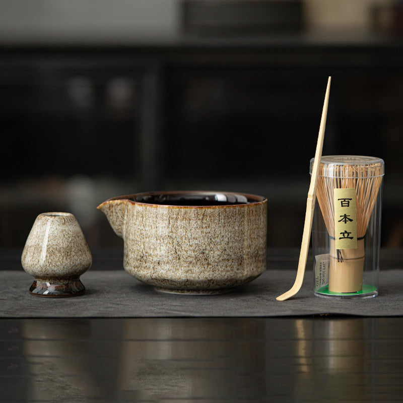 JIKANNOYA 抹茶セット お点前セット 9点セット 陶磁器茶碗 注ぎ口付き 茶杓 茶筅 茶せん 百本立 茶筅立て くせ直し 抹茶篩 綿茶巾 陶磁器茶杓立て 茶筒 初心者 抹茶スターター おうち時間グッズ お手入れも簡単 母の日 父の日 誕生日 贈り物