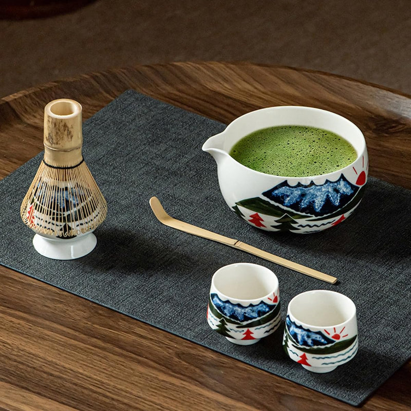 JIKANNOYA 抹茶セット 抹茶 自宅用 茶道具 初心者 お点前セット 湯のみ 陶器 抹茶茶碗 茶杓 茶杓立て 茶せん 百本立 茶筅立て くせ直し 茶道セット matcha set for beginners お手入れも簡単 母の日 父の日 誕生日 贈り物 おしゃれ 6点セット 富士山柄 580ml CJ127