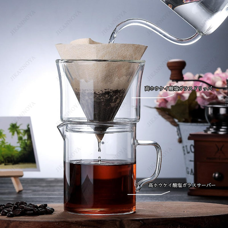 JIKANNOYA コーヒードリッパー ハンドドリップセット コーヒーサーバー 割れない 高ホウ素シリカガラス材料 耐熱ガラス 直火対応 耐寒性 ドリッパー 電子レンジ·食洗機対応 コーヒー用品 洗いやすい 多用途 家用 喫茶店 透明 1~2杯用 400ml