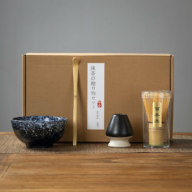 JIKANNOYA 抹茶セット 初心者 お点前セット 茶道具 セット 4点セット 陶器 抹茶碗 茶杓 茶筅 茶せん 百本立 茶筅立て くせ直し お手入れも簡単 母の日 父の日 誕生日 贈り物 220ml AQCJ27