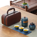ブルー5点セット（急須×1、湯呑み×3、お茶缶×1）+レッドPUレザー収納バッグ