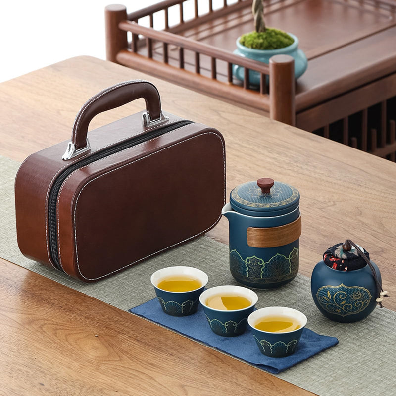 JIKANNOYA 中国茶器セット 茶器 茶具 磁器 急須 湯呑み お茶缶 セット 携帯 台湾茶器 旅行ティーセット 茶の入れ 携帯用茶具 車載旅行茶器セット 収納バッグ付き 初心者 高級 おしゃれ 軽量 お出かけ用 旅行 お手入れも簡単 母の日 父の日 誕生日 贈り物 AQZGCJ01