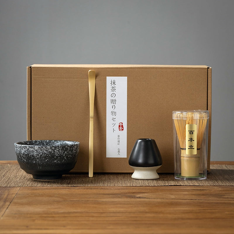 JIKANNOYA 抹茶セット 初心者 お点前セット 茶道具 セット 4点セット 陶器 抹茶碗 茶杓 茶筅 茶せん 百本立 茶筅立て くせ直し お手入れも簡単 母の日 父の日 誕生日 贈り物 220ml AQCJ27