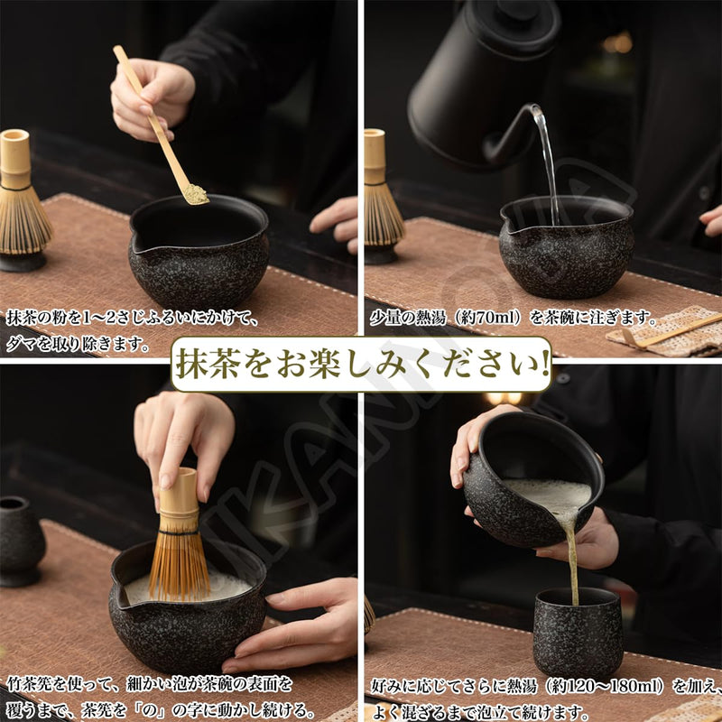 JIKANNOYA 抹茶セット 茶道具 初心者 自宅用 お点前セット matcha set 茶道 茶器 茶杓 茶筅 茶せん 百本立 茶筅立て くせ直し 抹茶篩 綿茶巾 陶器茶杓立て お手入れも簡単 持ち運び アウトドア 母の日 父の日 誕生日 贈り物 人気 おしゃれ 4点セット AQCJ70