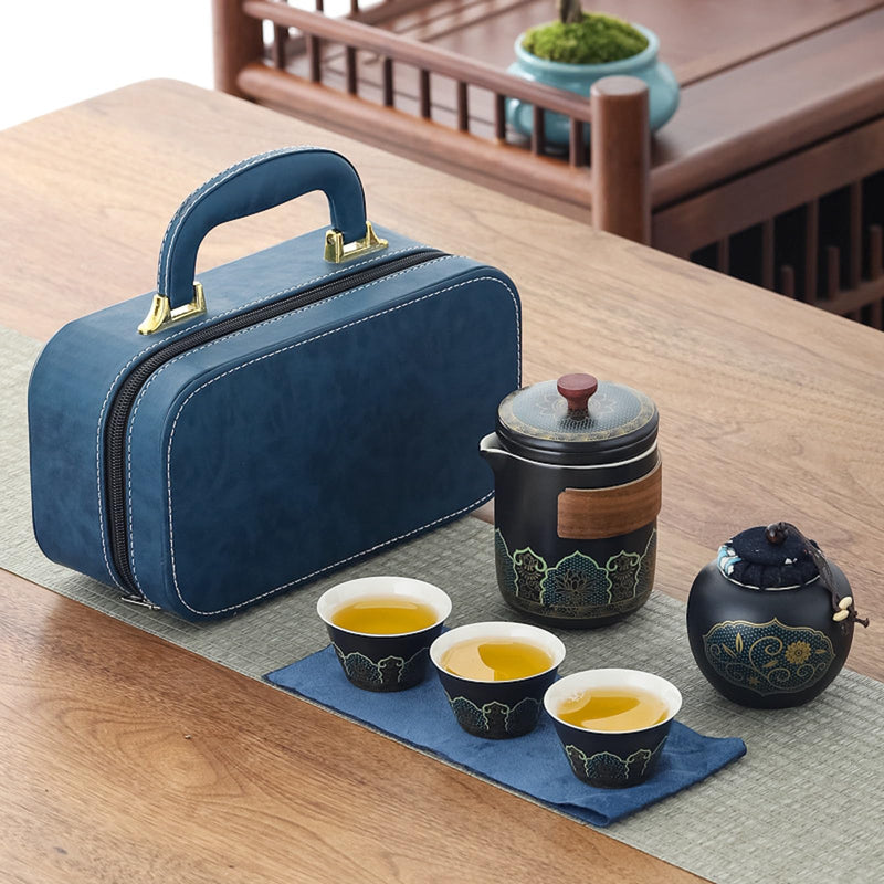 JIKANNOYA 中国茶器セット 茶器 茶具 磁器 急須 湯呑み お茶缶 セット 携帯 台湾茶器 旅行ティーセット 茶の入れ 携帯用茶具 車載旅行茶器セット 収納バッグ付き 初心者 高級 おしゃれ 軽量 お出かけ用 旅行 お手入れも簡単 母の日 父の日 誕生日 贈り物 AQZGCJ01