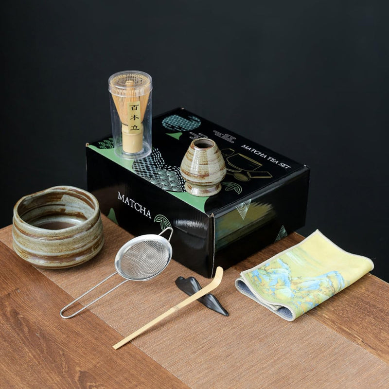 JIKANNOYA 抹茶セット お点前セット 7点セット 茶道具 セット 茶杓 茶筅 茶せん 百本立 茶筅立て くせ直し 抹茶篩 綿茶巾 陶器茶杓立て 初心者 お手入れも簡単 母の日 父の日 誕生日 贈り物 AQCJ09N