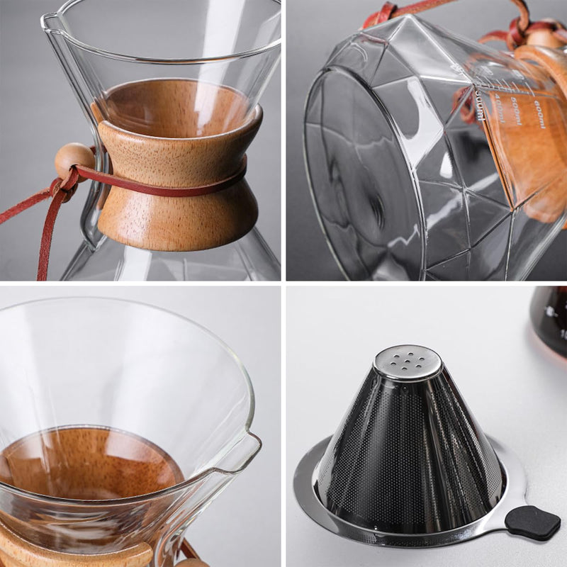 JIKANNOYA コーヒーポット 割れない 400ml 高ホウ素シリカガラス材料 目盛付き 直火対応 無垢材のハンドル コーヒーサーバー ドリップコーヒーサーバー ペーパーコーヒーフィルター不要 ダイヤモンド 電子レンジ 食洗機対応 コーヒー用品 使いやすい 洗いやすい 多用途 家用 喫茶店 1~3杯用 ドリップ付き