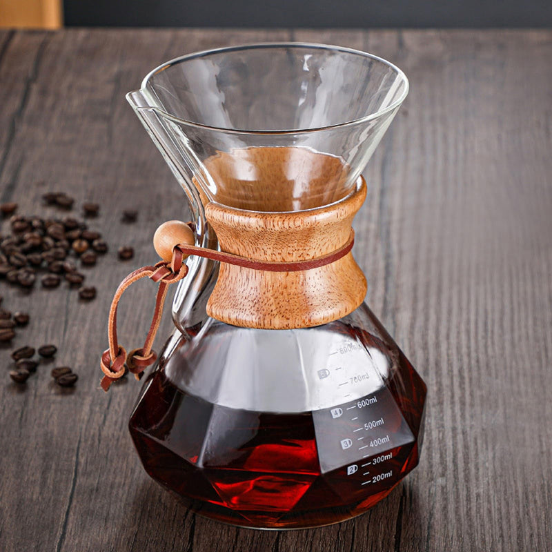 JIKANNOYA コーヒーポット 割れない 400ml 高ホウ素シリカガラス材料 目盛付き 直火対応 無垢材のハンドル コーヒーサーバー ドリップコーヒーサーバー ペーパーコーヒーフィルター不要 ダイヤモンド 電子レンジ 食洗機対応 コーヒー用品 使いやすい 洗いやすい 多用途 家用 喫茶店 1~3杯用 ドリップ付き