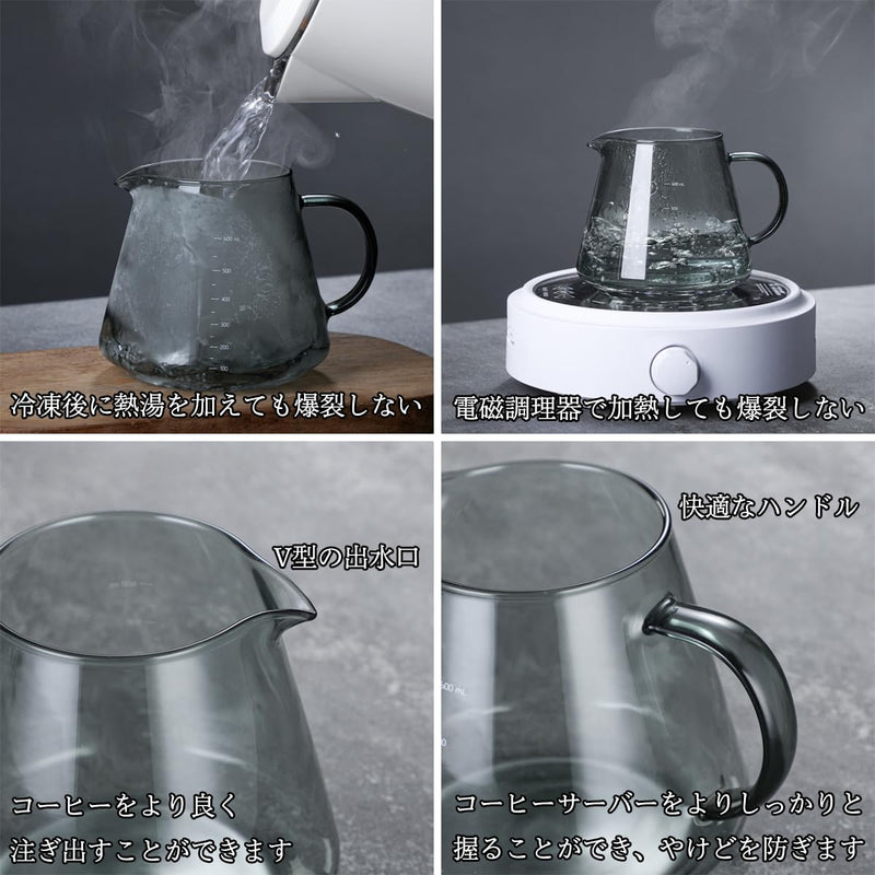 JIKANNOYA コーヒードリッパー ハンドドリップセット コーヒーサーバー 割れない 高ホウ素シリカガラス材料 耐熱ガラス 直火対応 耐寒性 クルミ材 ドリッパー 透明 電子レンジ·食洗機対応 コーヒー用品 使いやすい 洗いやすい 多用途 家用 喫茶店 1~4杯用 500ml グレー