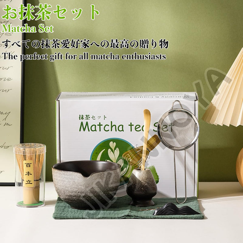 JIKANNOYA 抹茶セット 自宅用 抹茶 セット 茶道具 初心者 お点前セット 抹茶 陶器 抹茶茶碗 注ぎ口付き 茶杓 茶杓立て 茶せん 百本立 茶筅立て くせ直し 綿茶巾 抹茶篩 茶道セット matcha set for beginners お手入れも簡単 母の日 父の日 誕生日 贈り物 おしゃれ 500ml AQCJ68