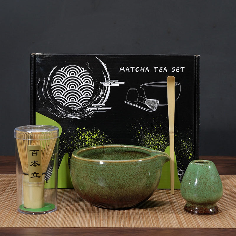 JIKANNOYA 抹茶セット 茶道具 初心者 お点前セット 4点セット 陶器 抹茶茶碗 茶杓 茶筅 茶せん 百本立 茶筅立て くせ直し お手入れも簡単 母の日 父の日 誕生日 贈り物 470ml AQCJ41