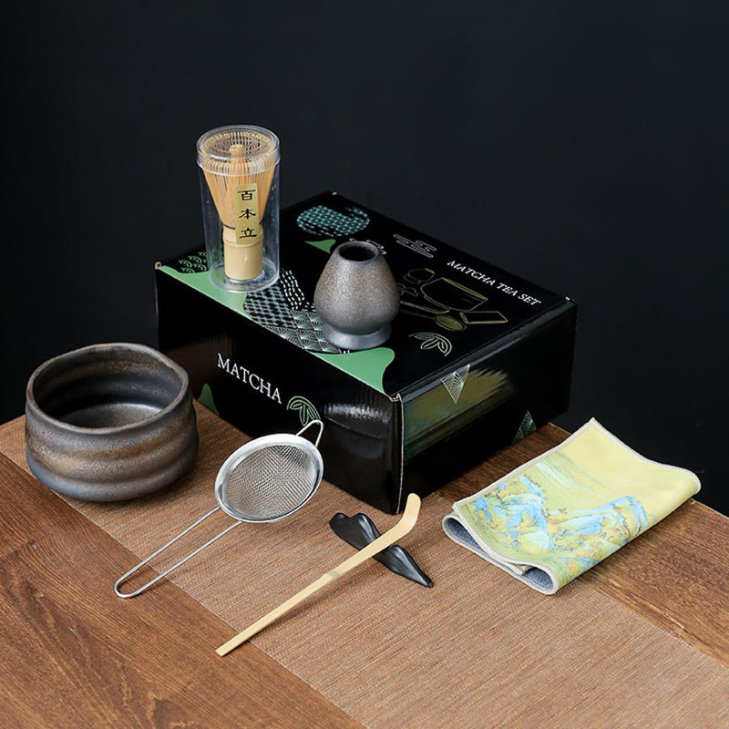JIKANNOYA 抹茶セット お点前セット 7点セット 茶道具 セット 茶杓 茶筅 茶せん 百本立 茶筅立て くせ直し 抹茶篩 綿茶巾 陶器茶杓立て 初心者 お手入れも簡単 母の日 父の日 誕生日 贈り物 AQCJ09N