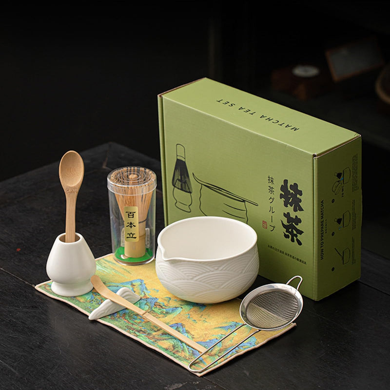 JIKANNOYA 抹茶セット 抹茶 セット 自宅用 茶道具 初心者 お点前セット 陶器 抹茶茶碗 茶杓 茶杓立て 茶せん 百本立 茶筅立て くせ直し 抹茶篩 茶道セット matcha set for beginners お手入れも簡単 母の日 父の日 誕生日 贈り物 おしゃれ 8点セット 青海波模様 CJ231