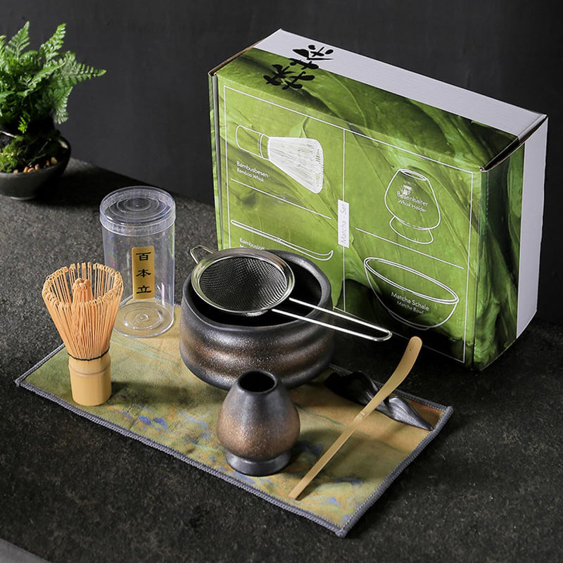 JIKANNOYA 抹茶セット お点前セット 7点セット 茶道具 セット 茶杓 茶筅 茶せん 百本立 茶筅立て くせ直し 抹茶篩 綿茶巾 陶器茶杓立て 初心者 お手入れも簡単 母の日 父の日 誕生日 贈り物 AQCJ09N