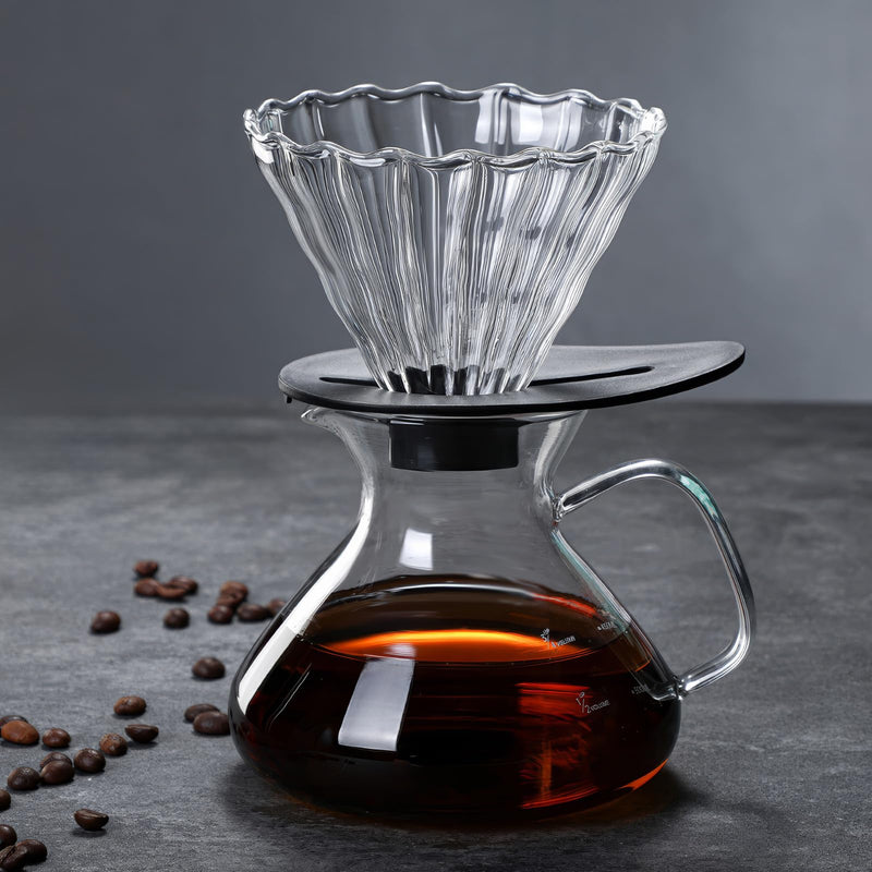 JIKANNOYA コーヒードリッパー ハンドドリップセット コーヒーサーバー 割れない 高ホウ素シリカガラス材料 耐熱ガラス 直火対応 耐寒性 ドリッパー 電子レンジ·食洗機対応 コーヒー用品 洗いやすい 多用途 家用 喫茶店 透明 大きなお腹 ポット 1~2杯用 300ml