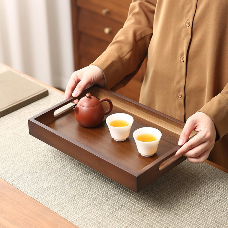 JIKANNOYA トレー トレイ 木製 長方形 おぼん 小さい お盆 長手盆 北欧 滑らない 小物入れ 収納 多機能 便利 ランチョン お膳 お茶 食事 定食用 カフェ 家庭用 業務用 キッチン おしゃれ ハンドル クルミ色 TP34
