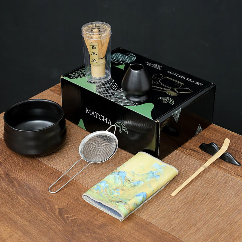JIKANNOYA 抹茶セット お点前セット 7点セット 茶道具 セット 茶杓 茶筅 茶せん 百本立 茶筅立て くせ直し 抹茶篩 綿茶巾 陶器茶杓立て 初心者 お手入れも簡単 母の日 父の日 誕生日 贈り物 (ライトグリーン)