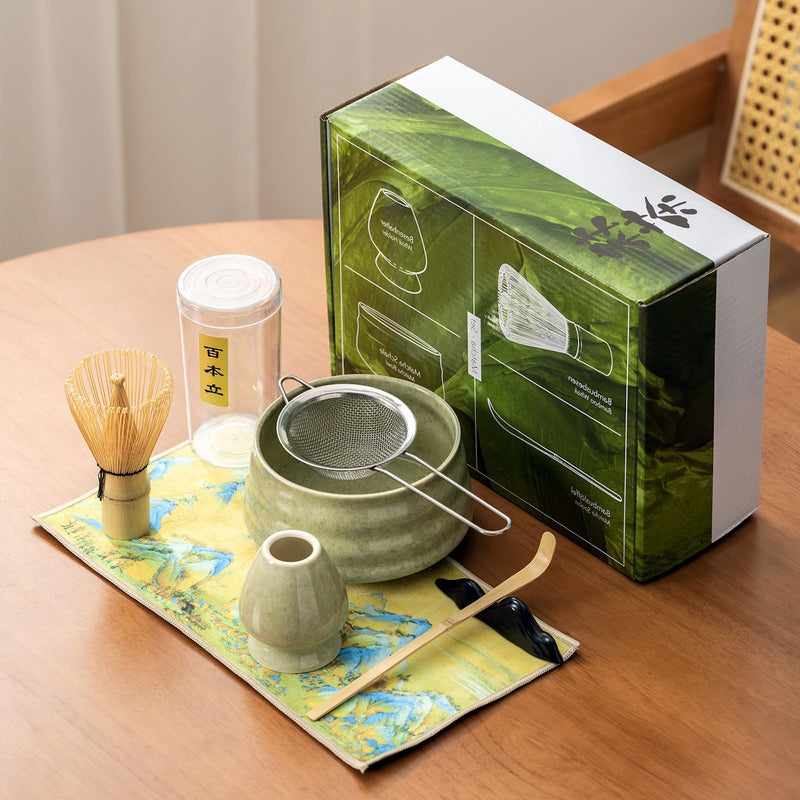 JIKANNOYA 抹茶セット お点前セット 茶道具 セット 7点セット 茶杓 茶筅 茶せん 百本立 茶筅立て くせ直し 抹茶篩 綿茶巾 陶磁器茶杓立て 初心者 お手入れも簡単 母の日 父の日 誕生日 贈り物