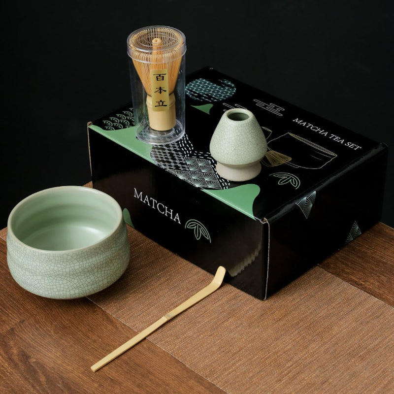JIKANNOYA 抹茶セット お点前セット 7点セット 茶道具 セット 茶杓 茶筅 茶せん 百本立 茶筅立て くせ直し 抹茶篩 綿茶巾 陶器茶杓立て 初心者 お手入れも簡単 母の日 父の日 誕生日 贈り物 (ライトグリーン)