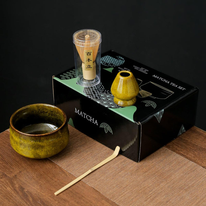JIKANNOYA 抹茶セット お点前セット 4点セット 茶道具 セット 百本立 茶筅 茶せん 茶筅立て くせ直し 茶杓 お手入れも簡単 おうち時間 初心者さん向け 母の日 誕生日 父の日 贈り物 ホワイト グリーンボックス