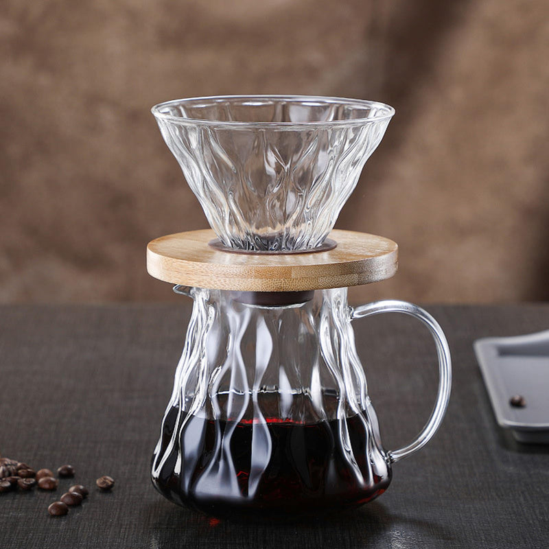 JIKANNOYA コーヒードリッパー ハンドドリップセット コーヒーサーバー 割れない 高ホウ素シリカガラス材料 耐熱ガラス 直火対応 耐寒性 クルミ材 ドリッパー 透明 電子レンジ·食洗機対応 コーヒー用品 使いやすい 洗いやすい 多用途 家用 喫茶店 1~4杯用 500ml グレー