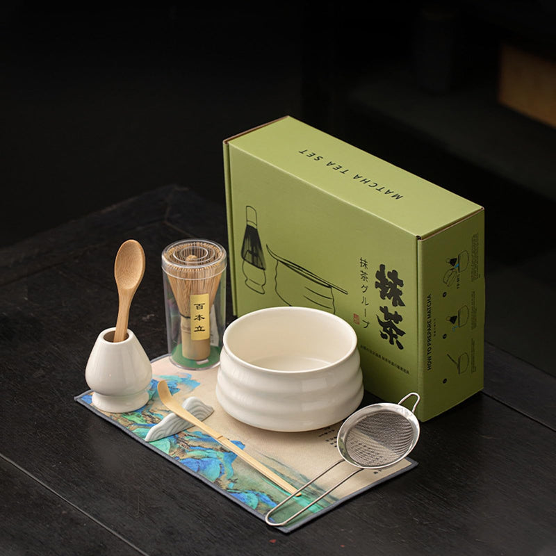 JIKANNOYA 抹茶セット 抹茶 セット 自宅用 茶道具 初心者 お点前セット 抹茶 陶器 抹茶茶碗 茶杓 茶杓立て 茶せん 百本立 茶筅立て くせ直し 綿茶巾 抹茶篩 茶道セット matcha set for beginners お手入れも簡単 母の日 父の日 誕生日 贈り物 おしゃれ 8点セット CJ197