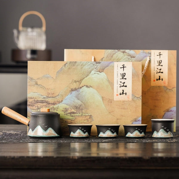 JIKANNOYA 中国茶器セット 茶器 茶具 陶器 急須 湯呑み お茶缶 セット 携帯 台湾茶器 旅行ティーセット 茶の入れ 携帯用茶具 車載旅行茶器セット 収納ボックス付き 初心者 芸術 高級 おしゃれ 軽量 お出かけ用 旅行 お手入れも簡単 母の日 父の日 誕生日 贈り物 AQZGCJ08