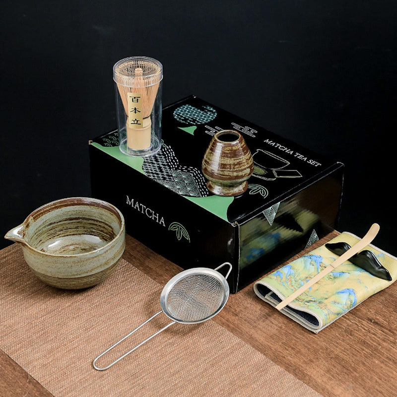 JIKANNOYA 抹茶セット お点前セット 7点セット 陶磁器茶碗 注ぎ口付き 茶杓 茶筅 茶せん 百本立 茶筅立て くせ直し 抹茶篩 綿茶巾 陶磁器茶杓立て 茶道具 セット 初心者 お手入れも簡単 母の日 父の日 誕生日 贈り物