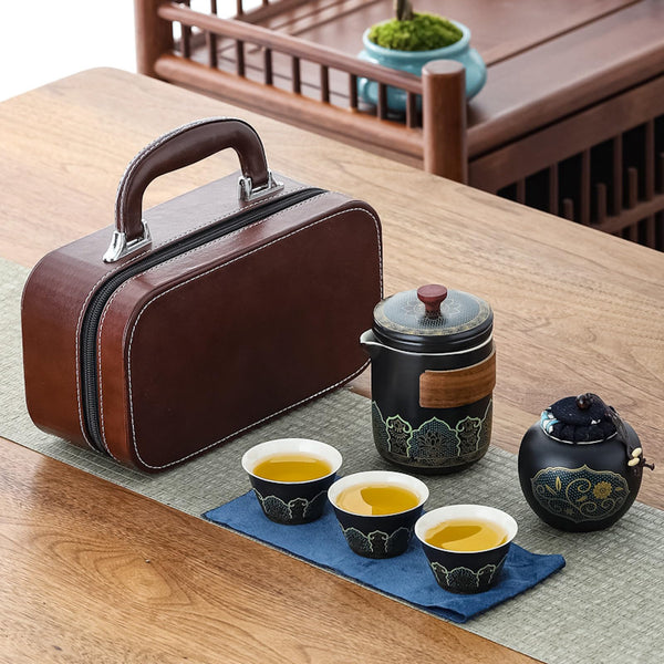JIKANNOYA 中国茶器セット 茶器 茶具 磁器 急須 湯呑み お茶缶 セット 携帯 台湾茶器 旅行ティーセット 茶の入れ 携帯用茶具 車載旅行茶器セット 収納バッグ付き 初心者 高級 おしゃれ 軽量 お出かけ用 旅行 お手入れも簡単 母の日 父の日 誕生日 贈り物 AQZGCJ01