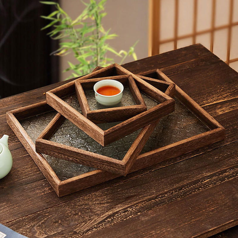 JIKANNOYA お盆 木製トレー 滑らないトレー 天然木 多機能 多目的トレイ 小物入れ 北欧 トレイ カフェトレー 花海棠柄 ガラス コースター 茶托 ティートレー 食器 前菜プレート ランチョン お膳 食事用 卓上用トレイ 便利 キッチン用品 家庭用 AQTP08