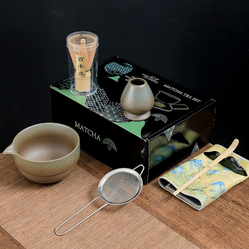 JIKANNOYA 抹茶セット お点前セット 7点セット 陶磁器茶碗 注ぎ口付き 茶杓 茶筅 茶せん 百本立 茶筅立て くせ直し 抹茶篩 綿茶巾 陶磁器茶杓立て 茶道具 セット 初心者 お手入れも簡単 母の日 父の日 誕生日 贈り物