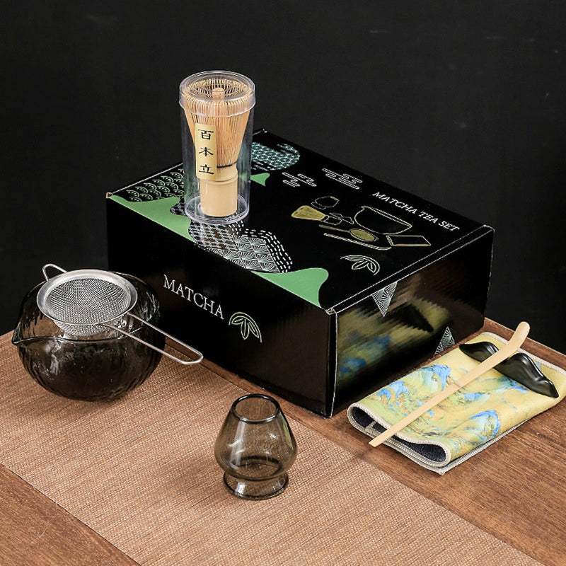 JIKANNOYA 抹茶セット 7点セット ガラス茶碗 注ぎ口付き ガラス茶筅立て お点前セット 茶道具 セット 茶杓 茶筅 茶せん 百本立 陶磁器茶杓立て くせ直し 抹茶篩 綿茶巾 初心者 お手入れも簡単 母の日 父の日 誕生日 贈り物 ギフトボックス