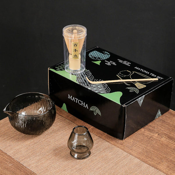 JIKANNOYA 抹茶セット 7点セット ガラス茶碗 注ぎ口付き ガラス茶筅立て お点前セット 茶道具 セット 茶杓 茶筅 茶せん 百本立 陶磁器茶杓立て くせ直し 抹茶篩 綿茶巾 初心者 お手入れも簡単 母の日 父の日 誕生日 贈り物 ギフトボックス