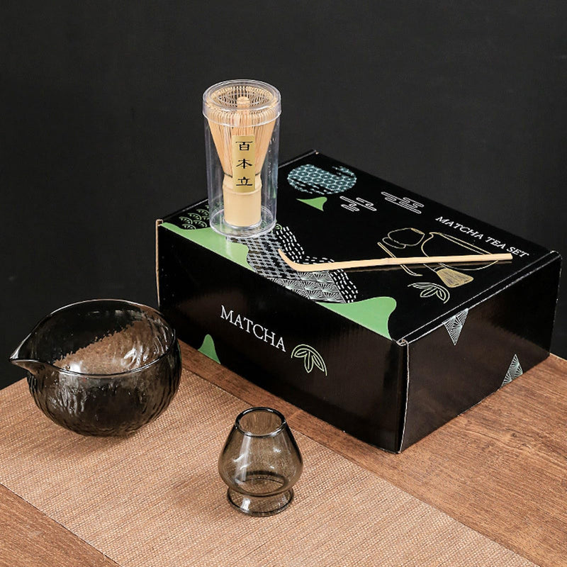 JIKANNOYA 抹茶セット 7点セット ガラス茶碗 注ぎ口付き ガラス茶筅立て お点前セット 茶道具 セット 茶杓 茶筅 茶せん 百本立 陶磁器茶杓立て くせ直し 抹茶篩 綿茶巾 初心者 お手入れも簡単 母の日 父の日 誕生日 贈り物 ギフトボックス
